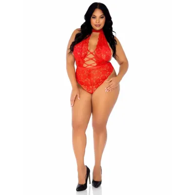 Floral Lace Crotchless Teddy 1x 2x Red