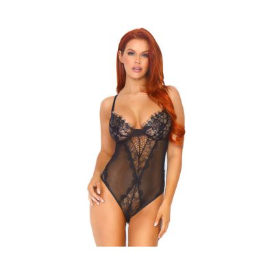 Eyelash Lace And Sheer Mesh Teddy With Full Back Panty