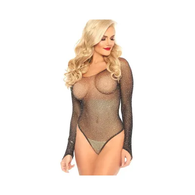 Crystalized Long Sleeved Fishnet Thong Back Bodysuit With Snap Crotch Black O s