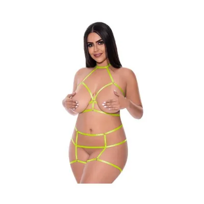 Magic Silk Strap Tease Cupless Choker Bra Open Cage Short Yellow Queen