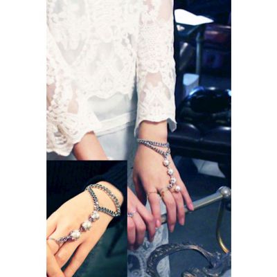 Noble Party Pearl And Chain Bracelet With Ring Silver One Size