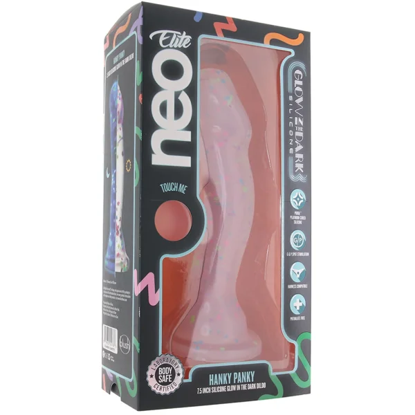 Neo Elite Hanky Panky Glow In The Dark 7.75" Silicone Suction Cup Dildo by Blush - Confetti