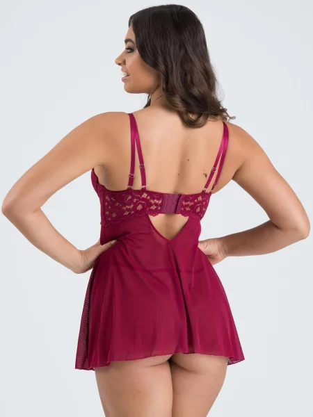 Lovehoney Parisienne Wine Lace Plunge Babydoll Set