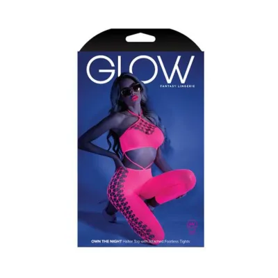 Glow Own The Night Cropped Cut out Halter Bodystocking Neon Pink Os