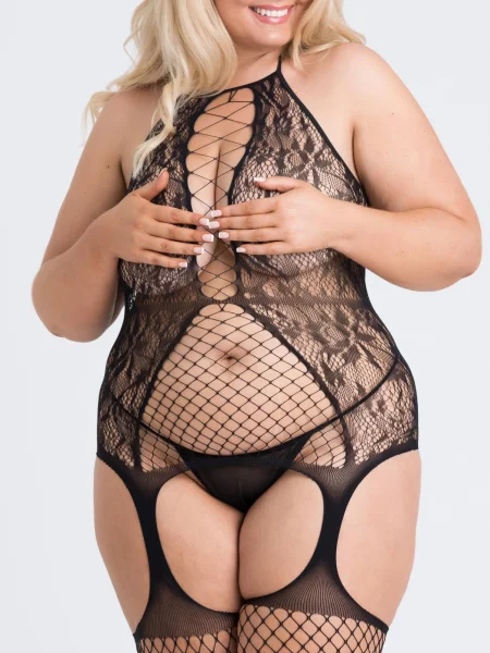 Lovehoney Plus Size Black Criss-Cross Lace Garter Bodystocking