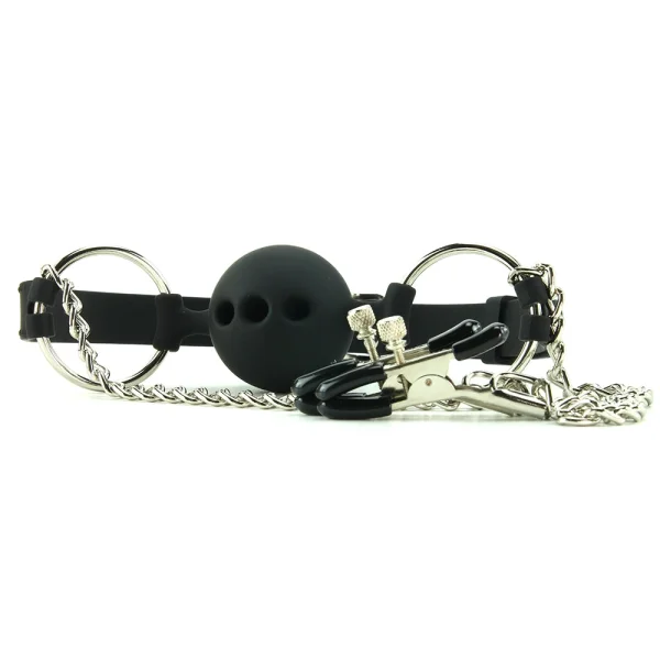 Hinder Breathable Ball Gag + Nipple Clamps
