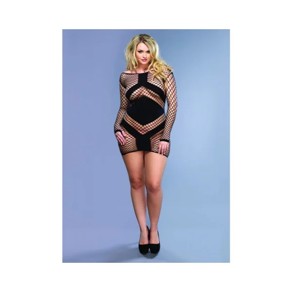 Diamond Net Long Sleeve Mini Dress Opaque Panels Plus Size Black — image 3 of 3