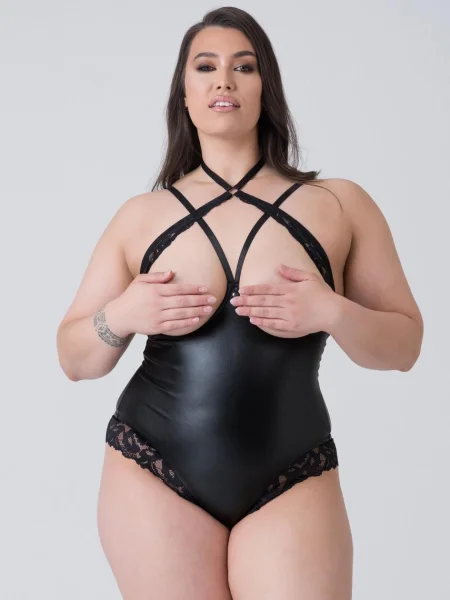 Lovehoney Plus Size Fierce Romance Black Wet Look and Lace Open-Cup Teddy