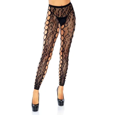Footless Leopard Lace Crotchless Tights Black