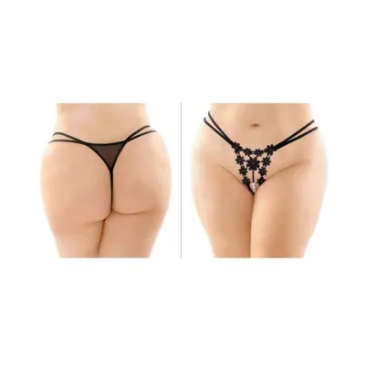Aster Crotchless Strappy Flower Pearl Thong Black Queen