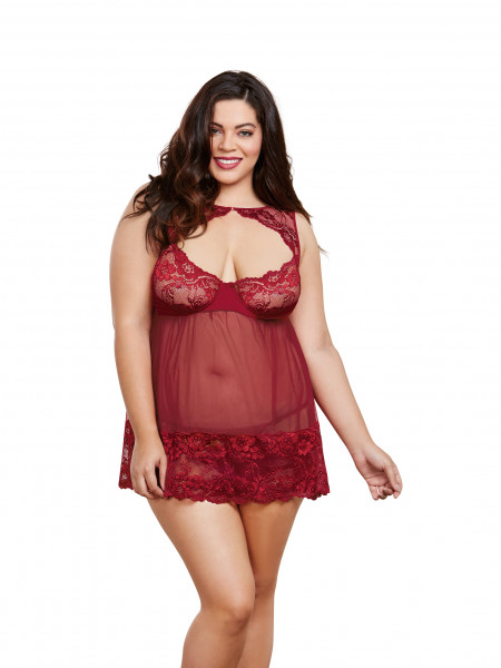 Dreamgirl 1X/2X Garnet Lace and Mesh High-Neck Babydoll with Matching G-String
