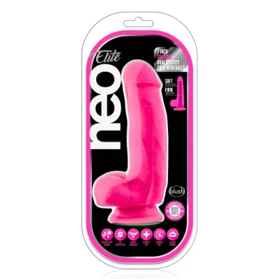 Blush Neo Neon Pink Elite 7 Inch Silicone Dual Density Cock w Balls