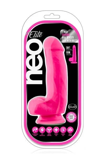 Blush Neo Neon Pink Elite 7 Inch Silicone Dual Density Cock w Balls