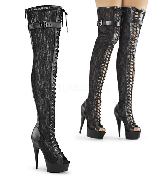 6 inches Heel, 1 3/4 inches PF Peep Toe Lace-up Thigh Boot, Back Zip
