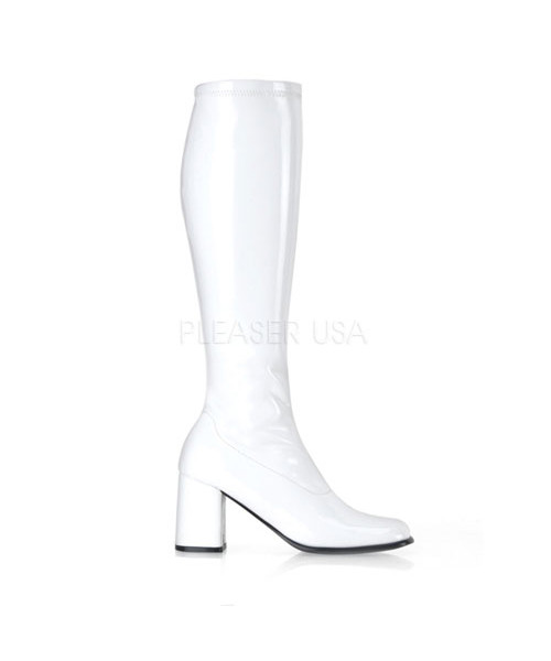 GOGO-300 - 3" Block Heel ST Gogo Boots, White Patent, Side Zip