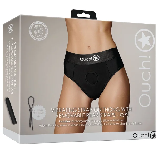 Ouch! Black Vibrating Strap-On Strappy Thong