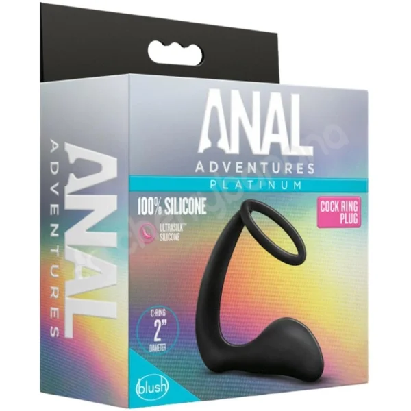Anal Adventures Platinum Silicone Black Cock Ring With Prostate Plug