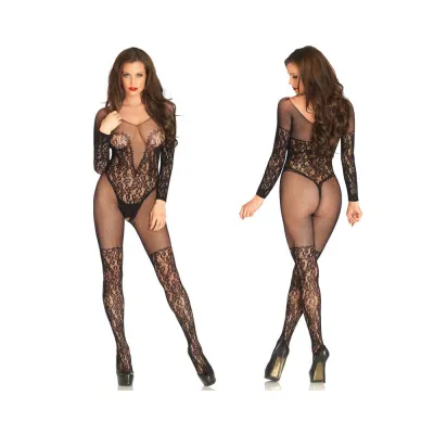 Vine Lace And Net Long Sleeved Bodystocking Black O s