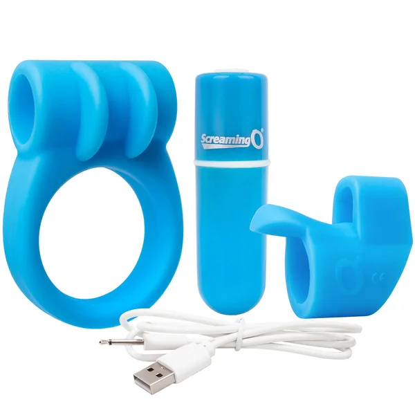 Charged CombO Kit #1 Silicone Cock Ring & Fingertip Sleeve By Screaming O - Blue — image 6 of 10