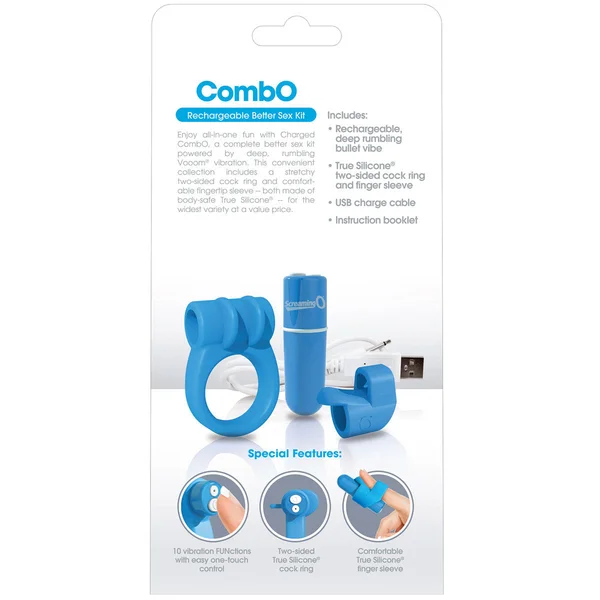 Charged CombO Kit #1 Silicone Cock Ring & Fingertip Sleeve By Screaming O - Blue — image 10 of 10