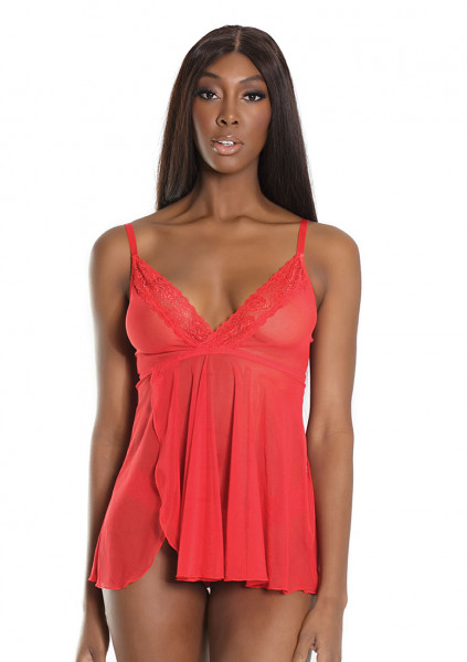 Trim Babydoll And Thong - Red - Lingerie Sexy