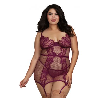 Dreamgirl 1X Mulberry Fishnet and Eyelash Lace Garter Slip and Matching Fishnet G String