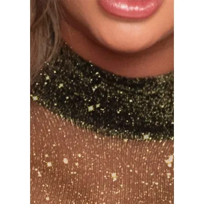Shimmery Sheer Bodysuit One Size Black gold