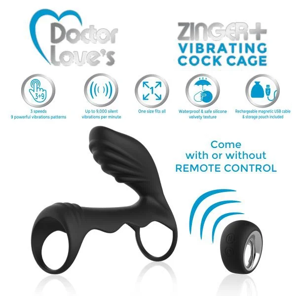 Doctor Love Zinger+ Vibrating Rechargeable Cock Cage Remote Black