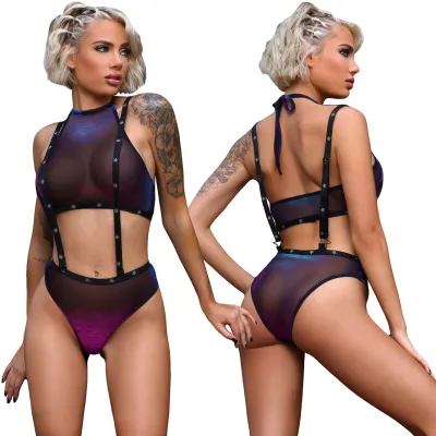 Vibes Stardust Halter Top Suspender Bottoms by Fantasy Lingerie L XL