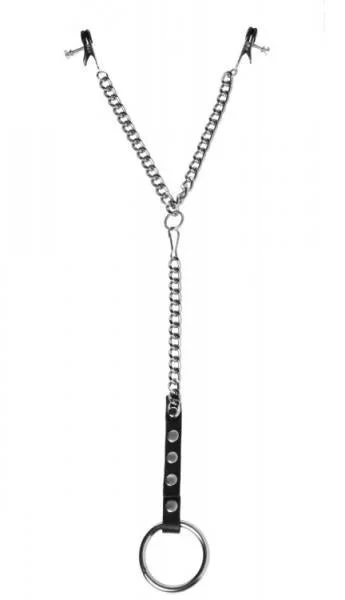 Nipple Clamps And Cock Ring Leather Steel Set