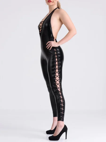Lovehoney Fierce Leather Look Lace-Up Black Catsuit
