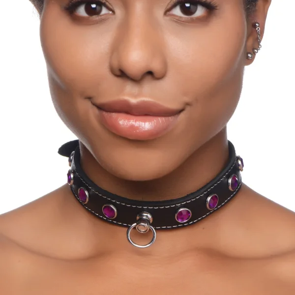 Master Series Leather Collar With Rhinestones - Purple