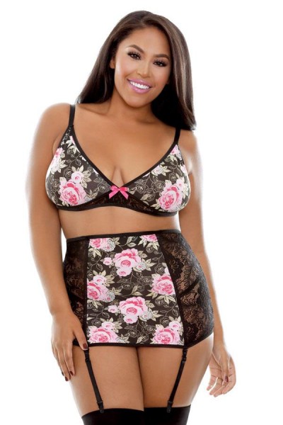 Curve - Rosette Bralette, Garter Skirt & Panty (Plus Size)