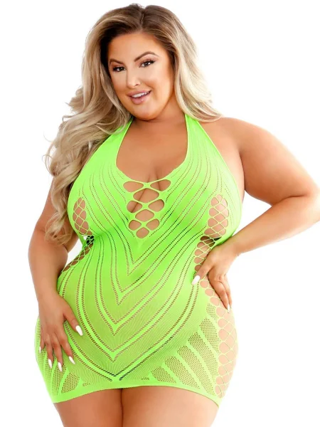 Fantasy Lingerie Plus Size Neon Green Halterneck Mini Dress