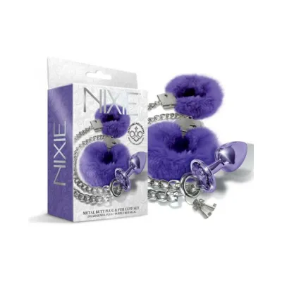 Nixie Metal Butt Plug Furry Handcuff Set Medium Purple Metallic