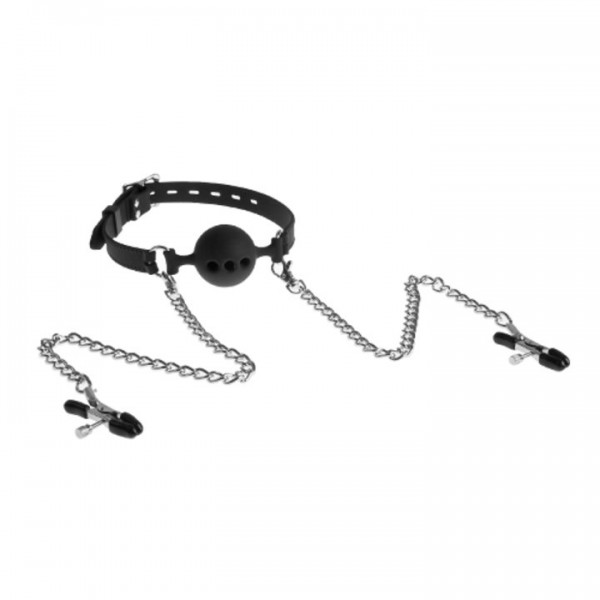 Bondara Silicone Kink Black Vented Ball Gag with Nipple Clamps