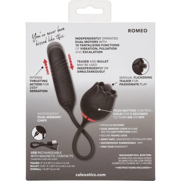 French Kiss Elite Romeo Thrusting Bullet Vibe & Flickering Tongue Clitoral Stimulator By CalExotics - Black