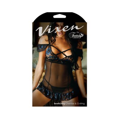 Vixen Bewitching Off Shoulder Cage Chemise Matching G string Black blue Queen