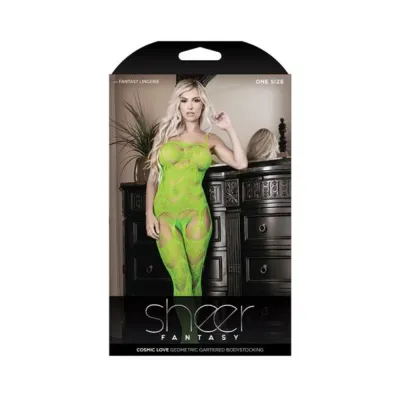 Sheer Cosmic Love Strappy Geometric Gartered Bodystocking Neon Green O s
