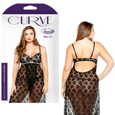 Curve Underwire Lace Gown G string Black Nd 3X 4X