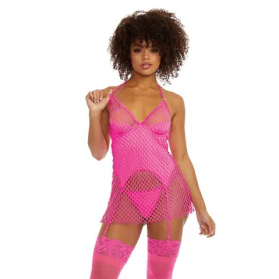 Fishnet 2 Layer Garterslip G String Hot Pink O s