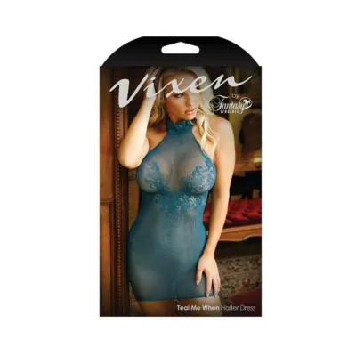Vixen Teal Me When Halter Net Dress With Floral Lace Design Teal L xl