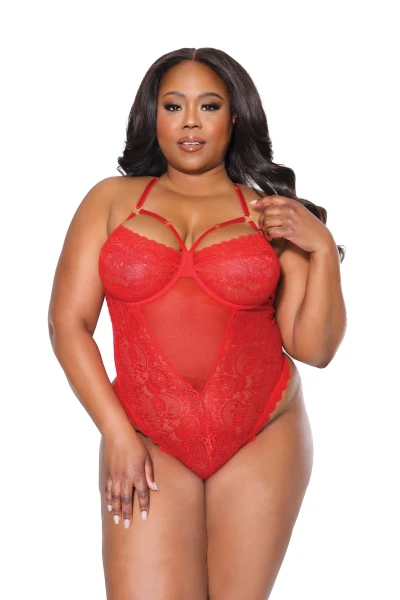 Plus Size V-Strap Red Lace Teddy
