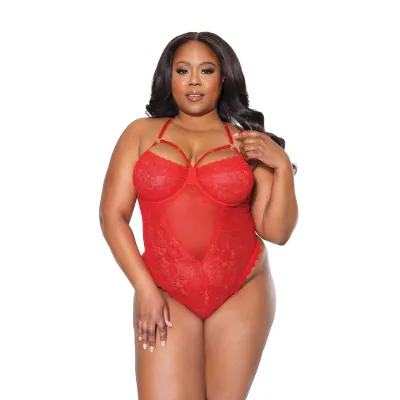 Plus Size V Strap Red Lace Teddy