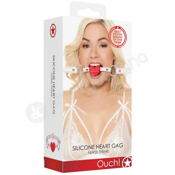 Ouch Silicone Heart Gag Nurse Themed White & Red Mouth Restraint