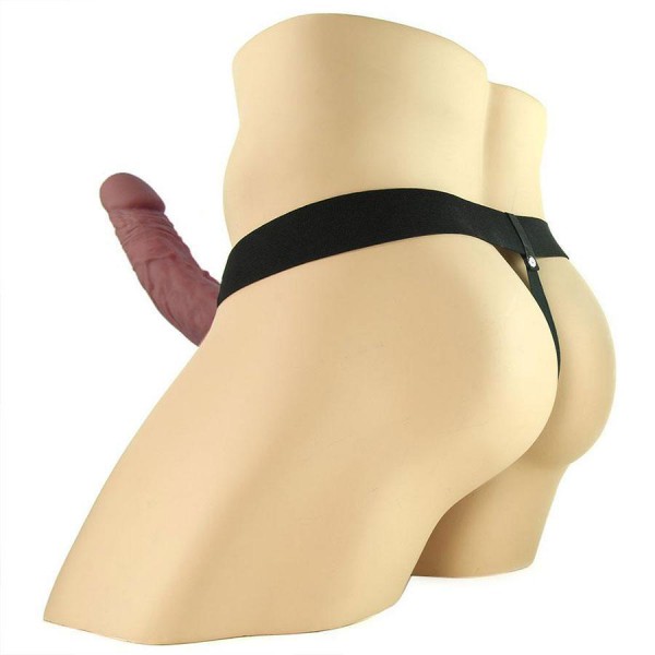 Vibrating 9 Inch Brown Hollow Strap-On Penis Extension with Balls