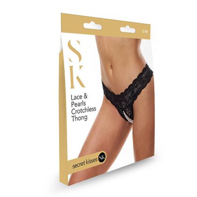 Secret Kisses Lace Pearls Crotchless Thong S M Size
