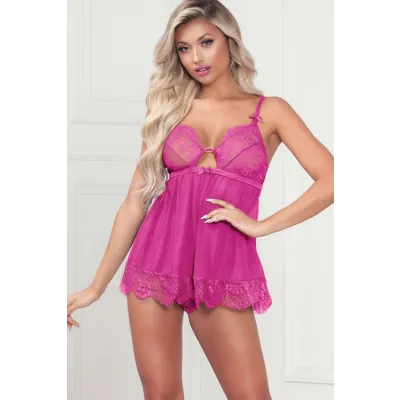 Eyelash Kisses Fuchsia Lace Mesh Babydoll with Panty By Seven Til Midnight