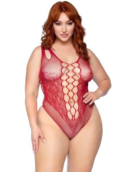 Net and Lace Bodysuit - 1x-2x - Burgundy