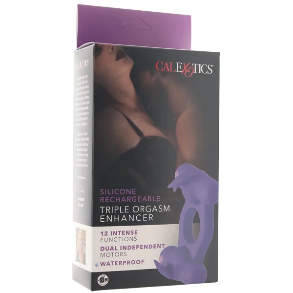 Silicone Rechargeable Triple Orgasm Enhancer Vibrating Cock Ring By CalExotics - Purple